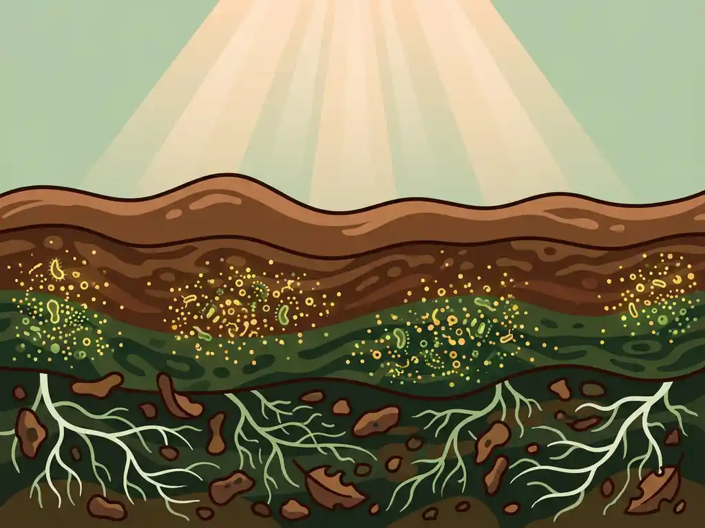 Cross-section of living soil showing microbial colonies, root systems, and decomposing organic matter in a flat vector illustration.