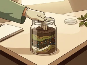Gloved hand pressing dark soil into a glass jar with glowing root-like filaments visualizing microbial activity in contaminated earth.