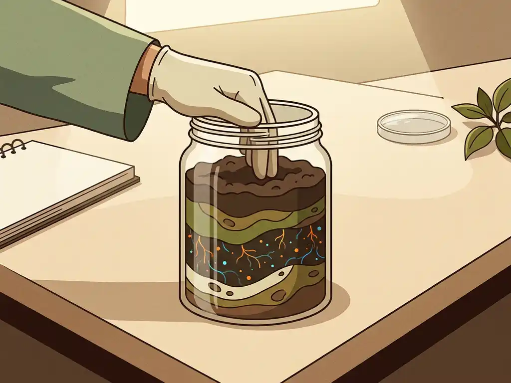 Gloved hand pressing dark soil into a glass jar with glowing root-like filaments visualizing microbial activity in contaminated earth.