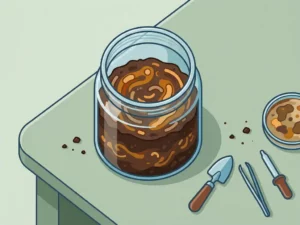 Glass jar with layered dark soil and microbial activity on a lab bench beside sampling tools and a petri dish.