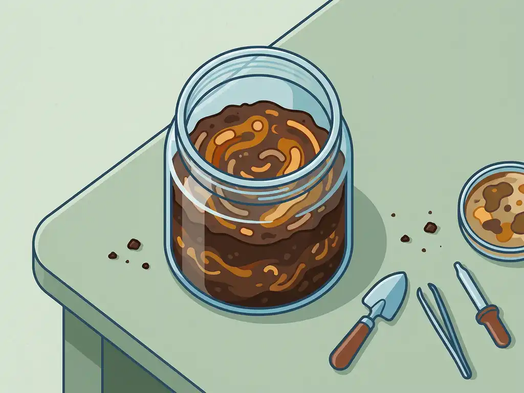 Glass jar with layered dark soil and microbial activity on a lab bench beside sampling tools and a petri dish.