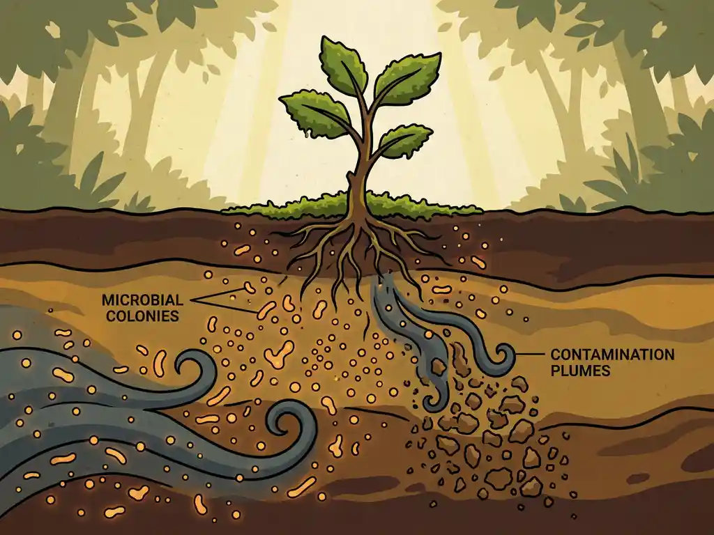 Soil cross-section cutaway showing microbial colonies breaking down underground contamination into rich organic matter, with plant roots above.