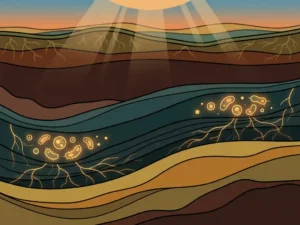 Cross-section of contaminated soil layers showing glowing microbial colonies and root-like networks threading through deep underground strata.