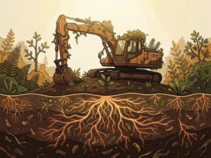Cross-section of healthy dark soil revealing glowing microbial root networks beneath lush recovering vegetation, with an idle excavator above ground.