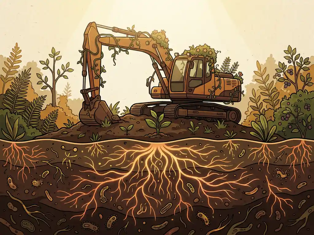 Cross-section of healthy dark soil revealing glowing microbial root networks beneath lush recovering vegetation, with an idle excavator above ground.