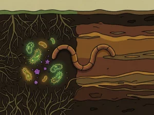 Cross-section of dark soil showing dense root networks with microbial clusters on one side and compacted mineral layers on the other, earthworm bridging both zones.