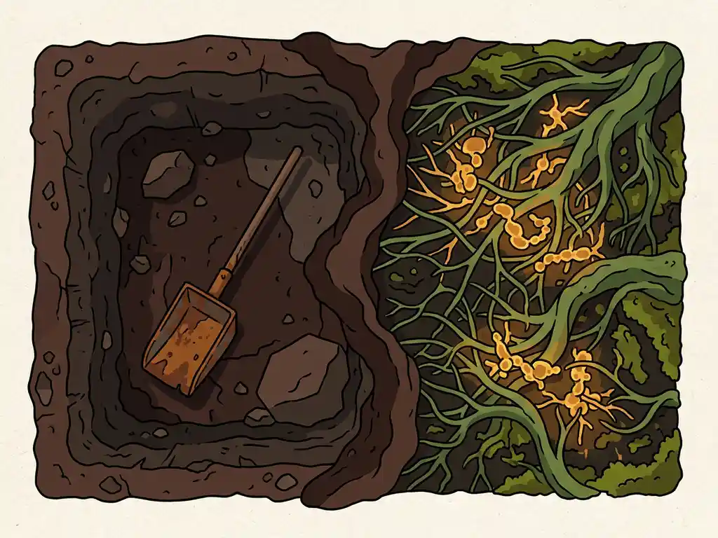 Split soil cross-section contrasting a bare excavation pit with rusted scoop against living root networks and glowing microbial clusters in rich earth tones.
