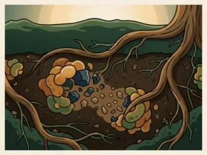 Soil cross-section with microorganism clusters breaking down contaminants, roots weaving through rich brown earth, flat vector illustration.