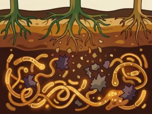 Glowing microorganisms breaking down contaminant particles in a dark soil cross-section, with plant roots emerging from purified earth layers above.