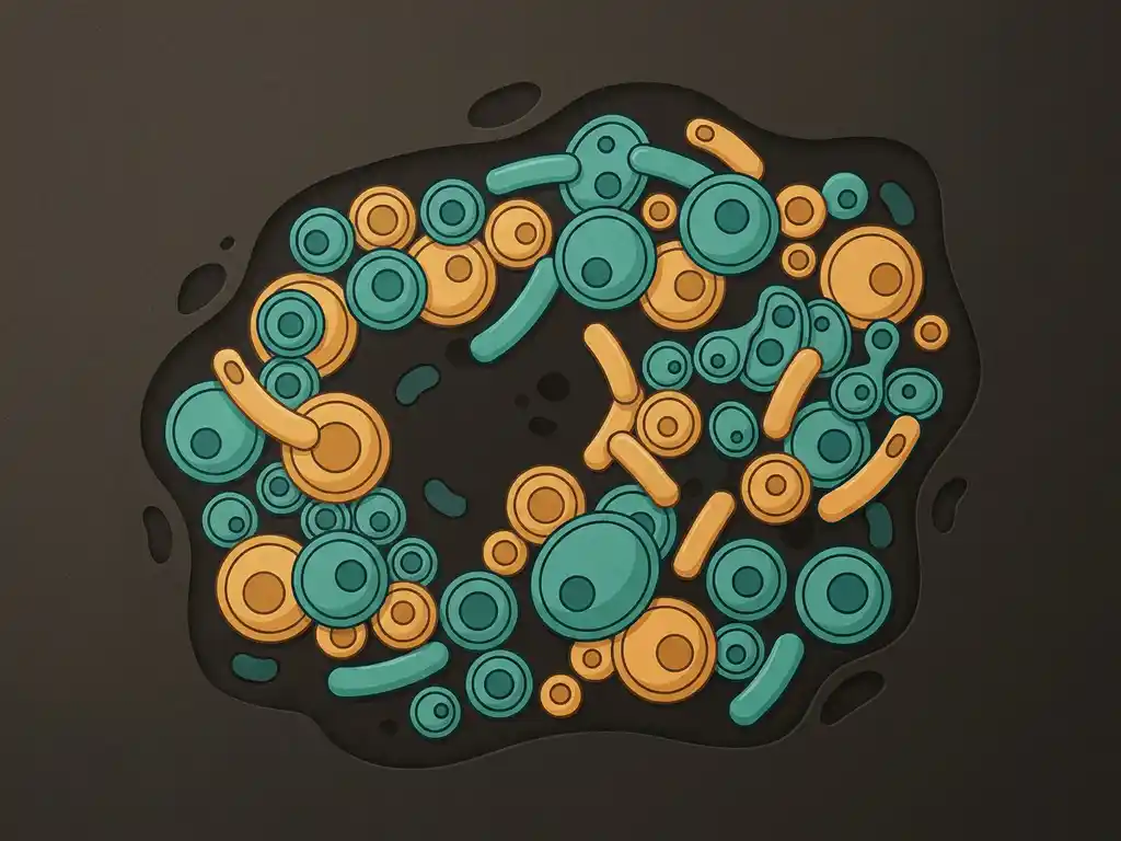 Stylized illustration of teal and amber microorganisms in cross-section of dark earthy sludge, viewed from overhead flat-lay perspective.