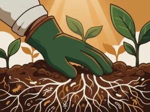 Gloved hand pressing dark soil to reveal white mycelium threads and microbial networks beneath, with green seedlings sprouting above.