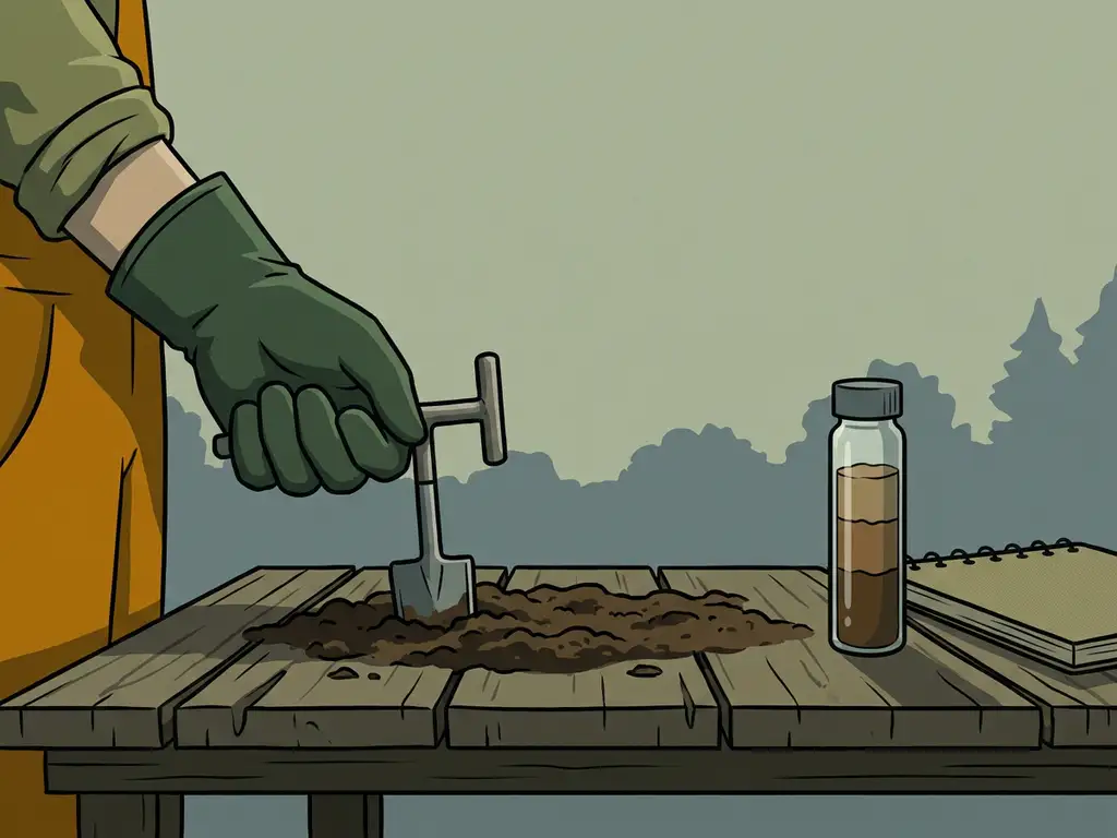 Gloved hand pressing a metal soil probe into dark earth beside a glass vial of layered brown soil samples on a weathered wooden table.