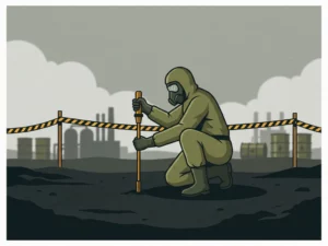 Soil remediation specialist in protective gear inserting a sampling probe into contaminated earth at a cordoned-off industrial site.