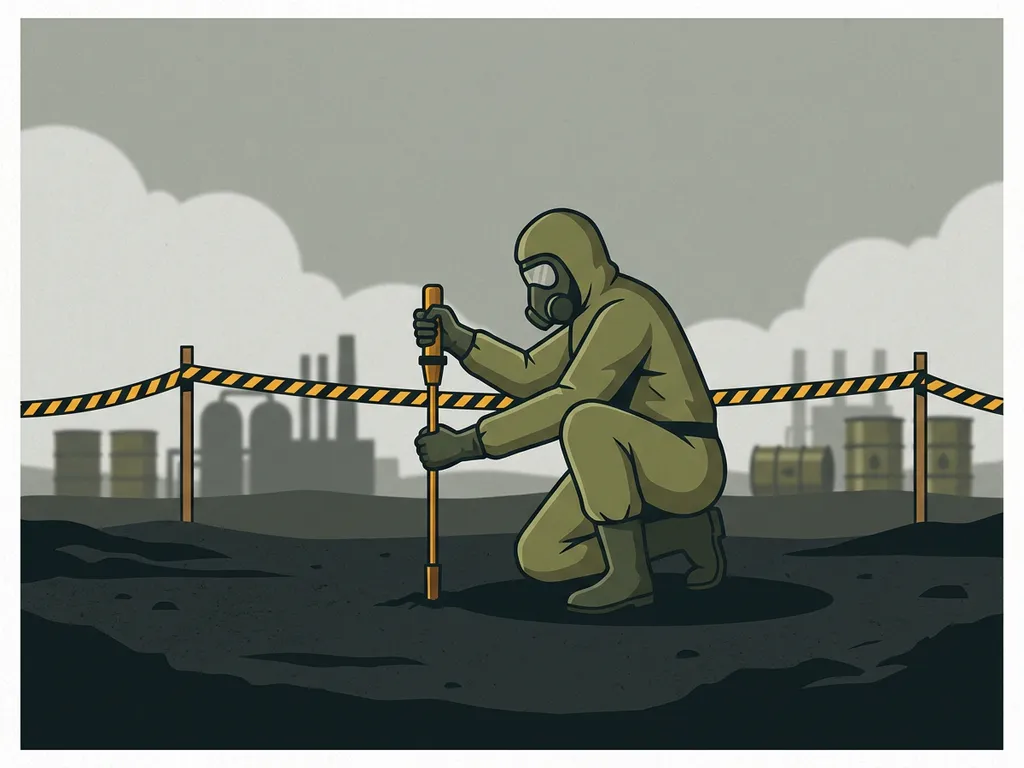 Soil remediation specialist in protective gear inserting a sampling probe into contaminated earth at a cordoned-off industrial site.