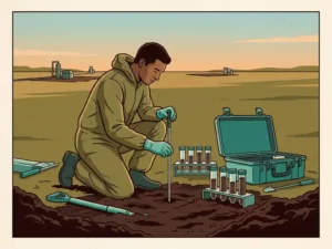 Environmental technician in gloves inserting a soil sampling probe at a remediation field site, with core samples in clear tubes nearby.