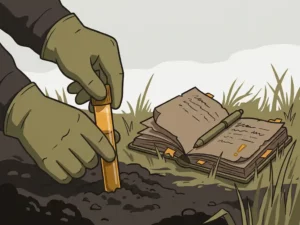 Gloved hand pressing a soil sampling tube into dark contaminated earth beside an open field notebook on dry grass.