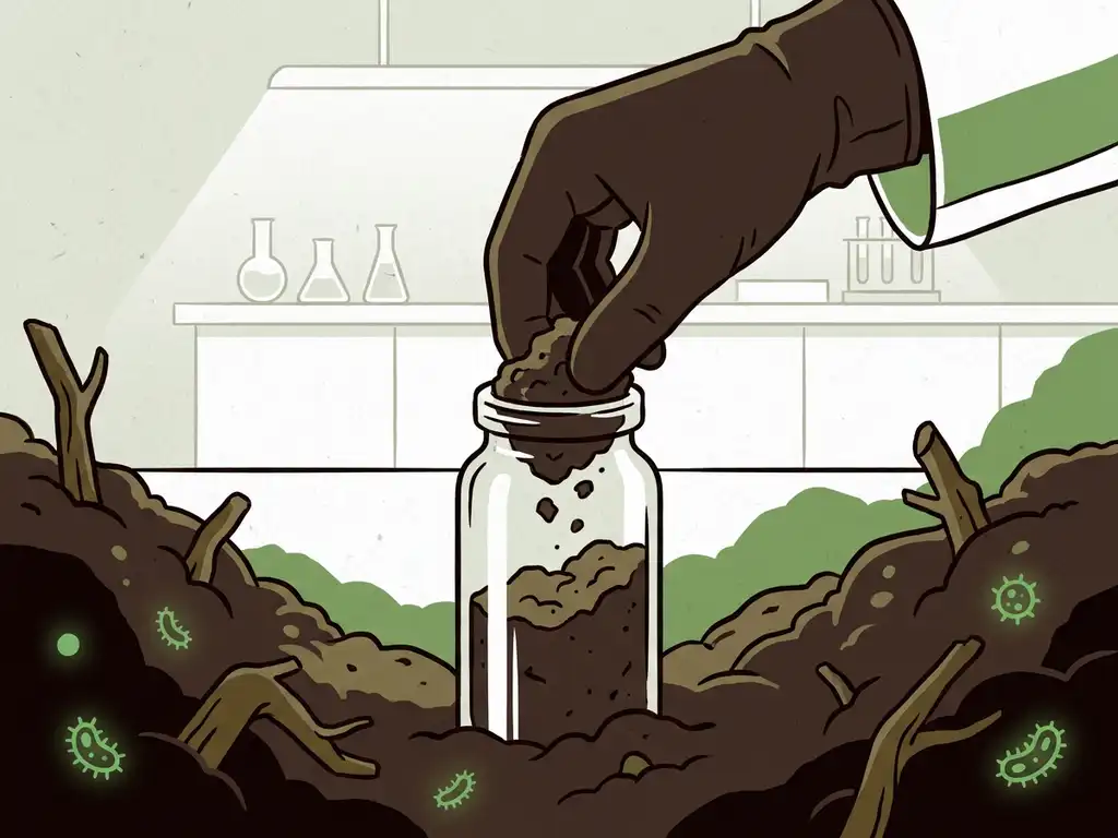 Gloved hand pressing dark soil sample into a clear glass vial on a lab bench, with visible root fragments in rich brown earth.