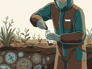 Scientist in gloves collecting dark soil samples into a glass vial at a contaminated field site, with recovering vegetation and microbial colony illustrations nearby.