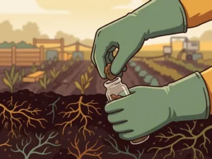 Gloved hand pressing dark soil sample into a glass vial, with visible microbial root networks at a field bioremediation site.