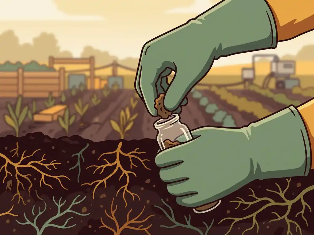 Gloved hand pressing dark soil sample into a glass vial, with visible microbial root networks at a field bioremediation site.