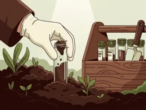 Gloved hand pressing dark soil sample into a glass vial beside green seedlings and a wooden crate of sample tubes in a remediated field.