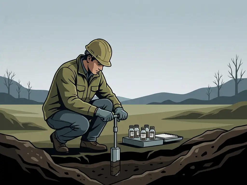Environmental engineer crouching at contaminated soil sampling site, pressing core sampler into dark layered earth with glass vials arranged nearby.