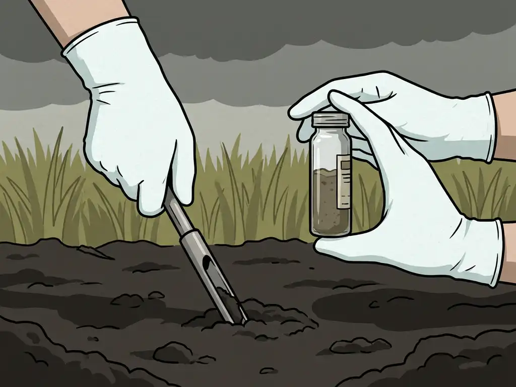 Gloved hand pressing a soil sampling probe into dark contaminated earth, with a murky brown soil sample vial held up for inspection.