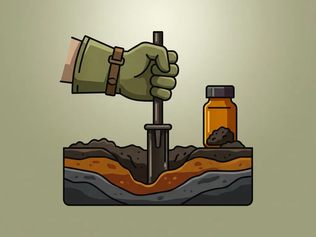 Gloved hand pressing a soil sampling probe into contaminated earth, with clay cross-section and glass vial collecting a dark soil sample.
