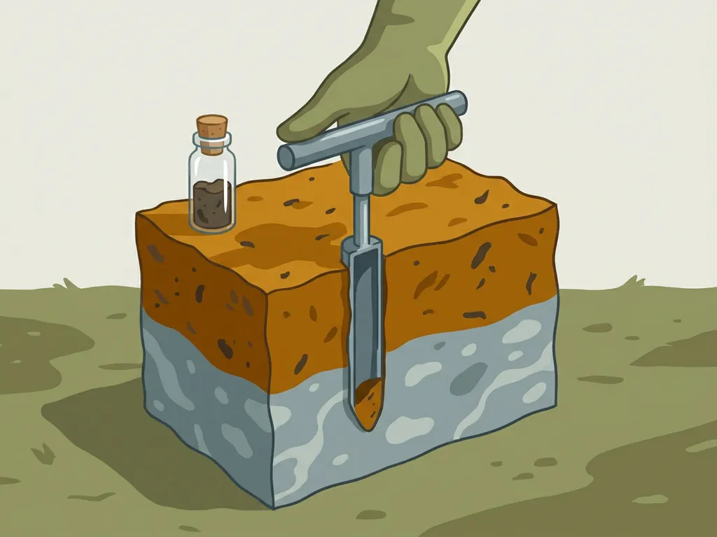 Gloved hand pressing a soil sampling probe into layered earth, revealing dark topsoil over pale contaminated subsoil, with a glass vial nearby.