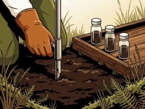 Gloved hand pressing a soil sampling probe into dark earth, with glass vials of collected samples on a wooden field tray.