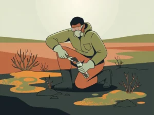 Soil scientist crouching at a contaminated field site, collecting a dark earth sample into a glass vial amid dry vegetation and microbial patches.