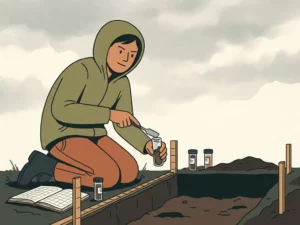 Soil scientist kneeling at excavation pit, collecting dark earth samples into glass vials with a metal spatula, field notebook nearby.