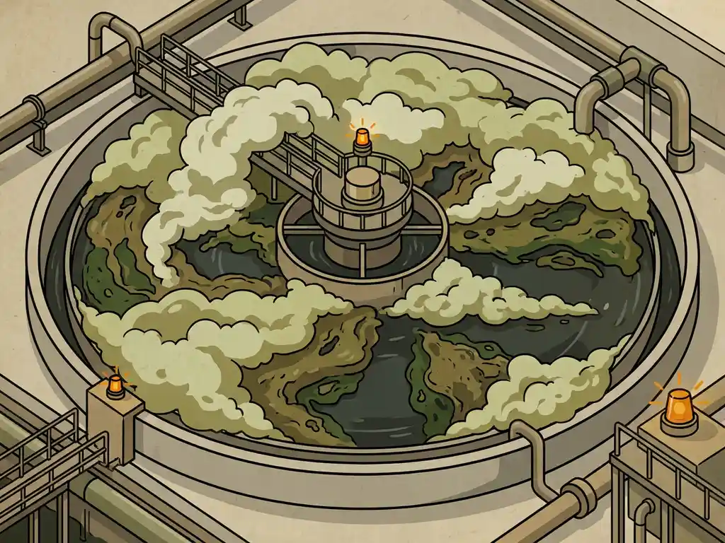 Wastewater treatment clarifier overflowing with pale foamy sludge, dense microbial overgrowth crowding murky water below, industrial pipes visible overhead.
