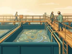 Engineers on elevated walkways above a teal wastewater treatment basin with active biological treatment and flowing pipes in golden daylight.