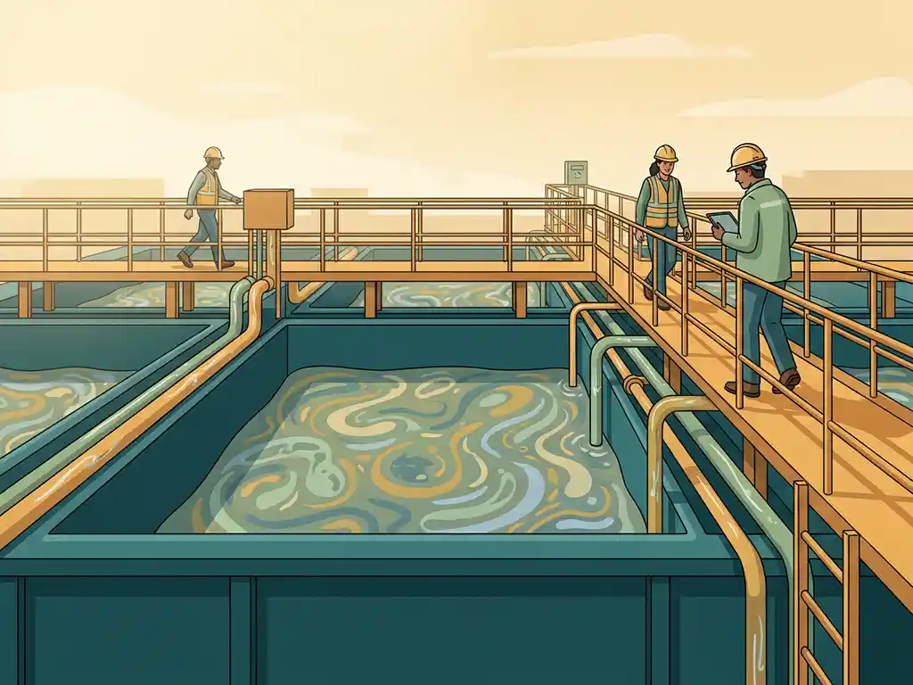 Engineers on elevated walkways above a teal wastewater treatment basin with active biological treatment and flowing pipes in golden daylight.