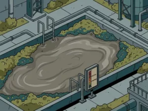 Wastewater treatment basin with murky grey-brown sludge, measuring gauge at edge showing threshold levels, surrounded by microbial foam.