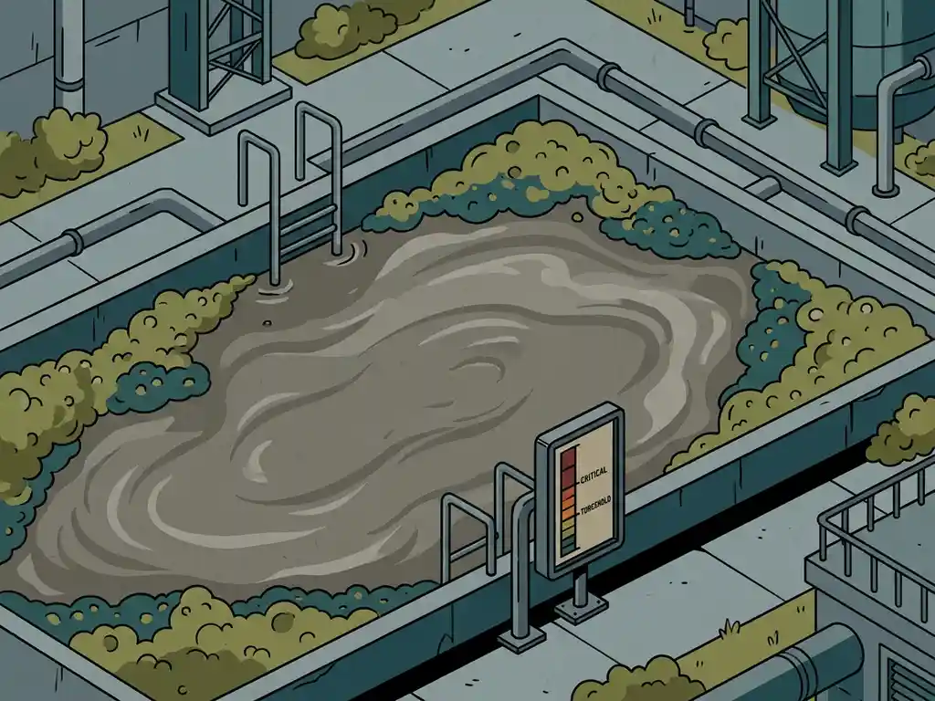 Wastewater treatment basin with murky grey-brown sludge, measuring gauge at edge showing threshold levels, surrounded by microbial foam.