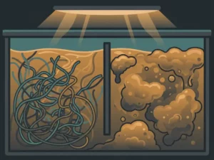 Wastewater treatment tank cross-section showing filamentous microbial strands and gelatinous slime suspended in amber-brown liquid, flat vector illustration.