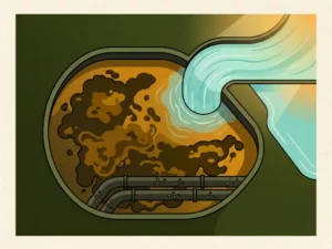 Overhead flat vector illustration of a wastewater treatment basin with brown sludge, aeration pipes, and a clear stream emerging at the edge.