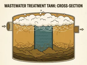 Cross-section of a wastewater treatment tank showing brown sludge settling at the bottom, pale foam at the surface, and filamentous bacteria threading through both layers.