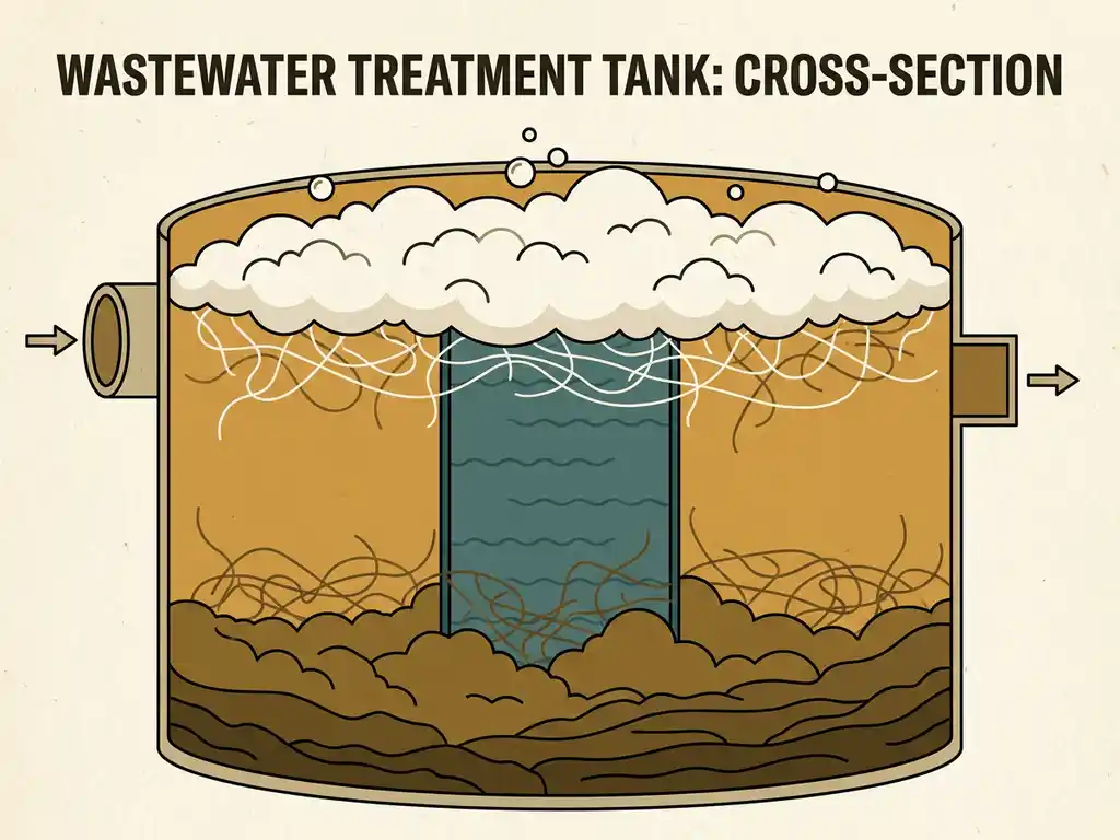 Cross-section of a wastewater treatment tank showing brown sludge settling at the bottom, pale foam at the surface, and filamentous bacteria threading through both layers.