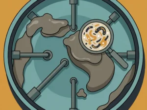 Aerial flat vector illustration of a wastewater treatment basin with grey-brown sludge around submerged pipes and a magnifying glass revealing microbial activity.