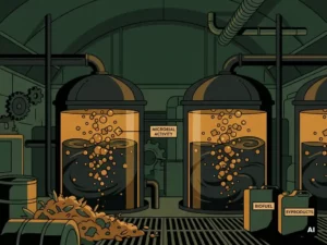 Industrial anaerobic fermentation tanks in a bioprocessing facility with amber bubbles rising through dark liquid and organic biomass nearby.