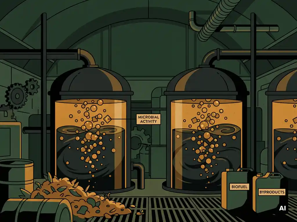 Industrial anaerobic fermentation tanks in a bioprocessing facility with amber bubbles rising through dark liquid and organic biomass nearby.