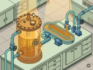Sealed batch fermentation vessel and open continuous-flow bioreactor side by side in a biotech lab, amber broth and teal pipework illustration.