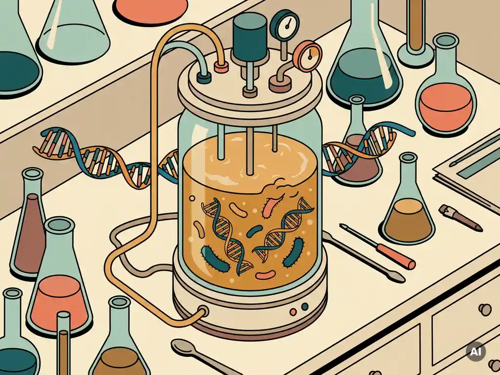 Glass bioreactor filled with cloudy amber liquid, surrounded by illustrated DNA helixes and rod-shaped bacteria in teal, amber, and coral tones.