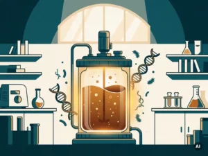 Glowing glass bioreactor filled with amber fermentation broth, surrounded by DNA helices and microbial silhouettes in a teal laboratory setting.