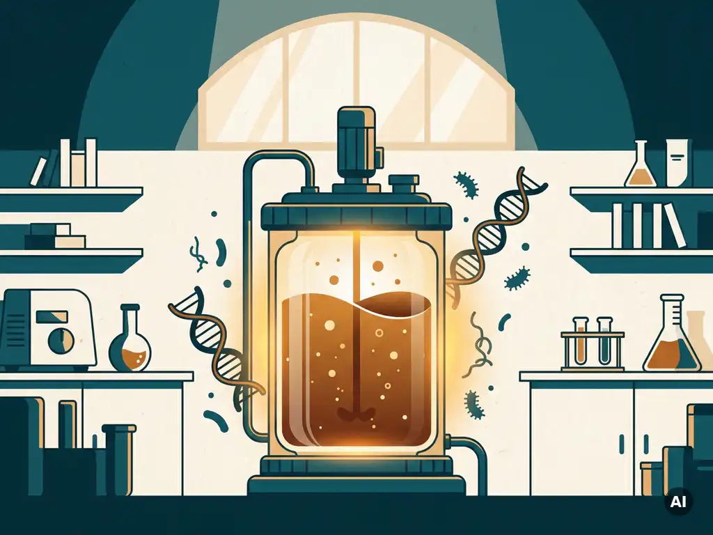 Glowing glass bioreactor filled with amber fermentation broth, surrounded by DNA helices and microbial silhouettes in a teal laboratory setting.