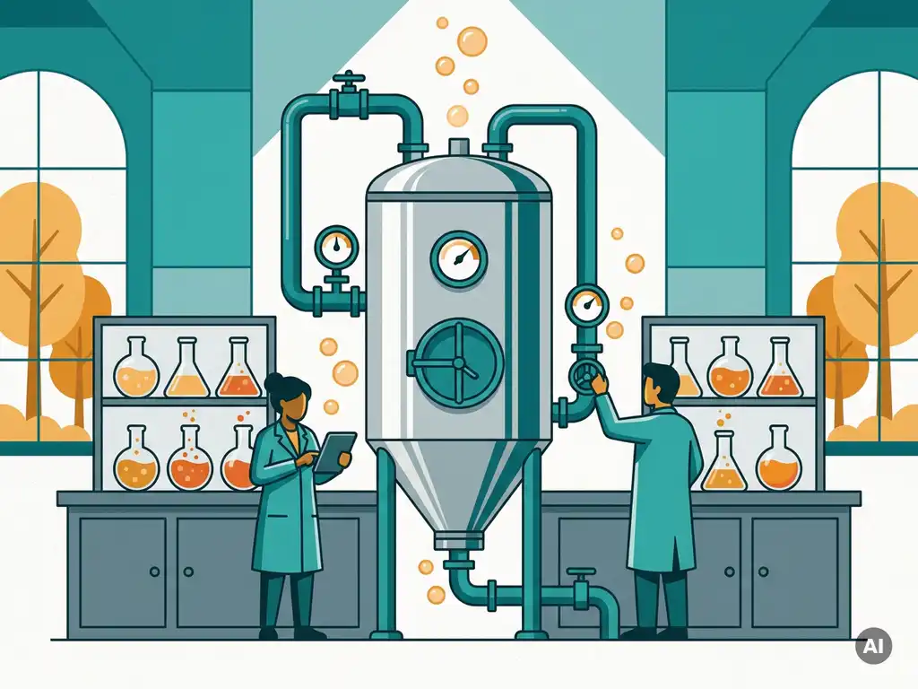 Stainless steel fermentation bioreactor in a biotechnology lab surrounded by amber microbial cultures in glass flasks.