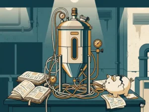 Stainless steel fermentation bioreactor on a cluttered lab bench with tubing, pressure gauges, and a cracked piggy bank suggesting hidden biotech costs.